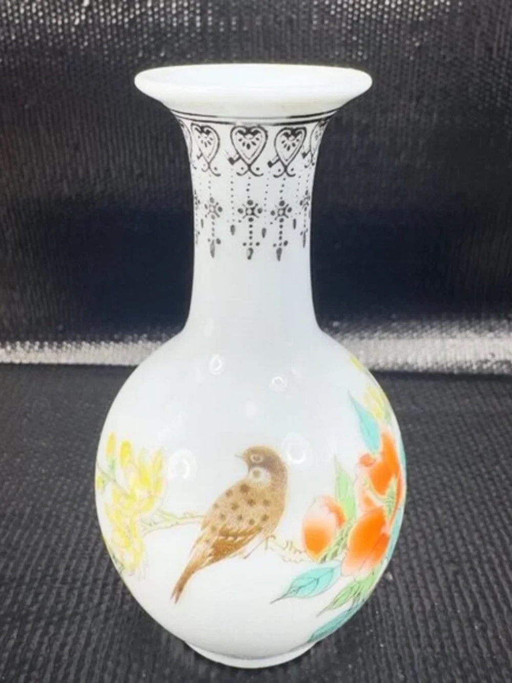 White Porcelain Bird Vase with Orange Floral Accents